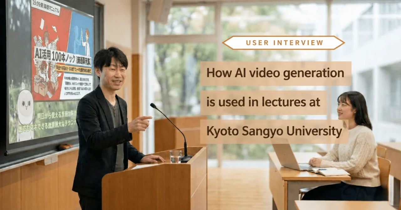 Lecturer Katsura Hamaguchi teaching at a podium with a NoLang video projected on the screen behind him