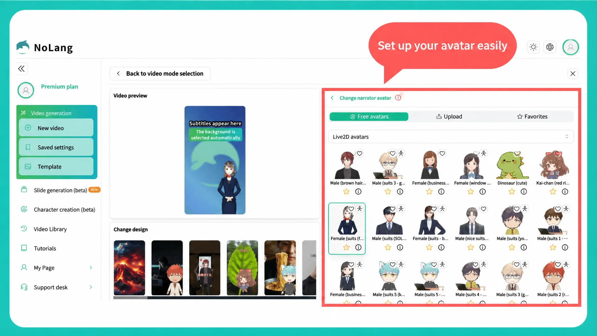 NoLang editing screen with the avatar picker open, showing a grid of more than 100 selectable Live2D avatars