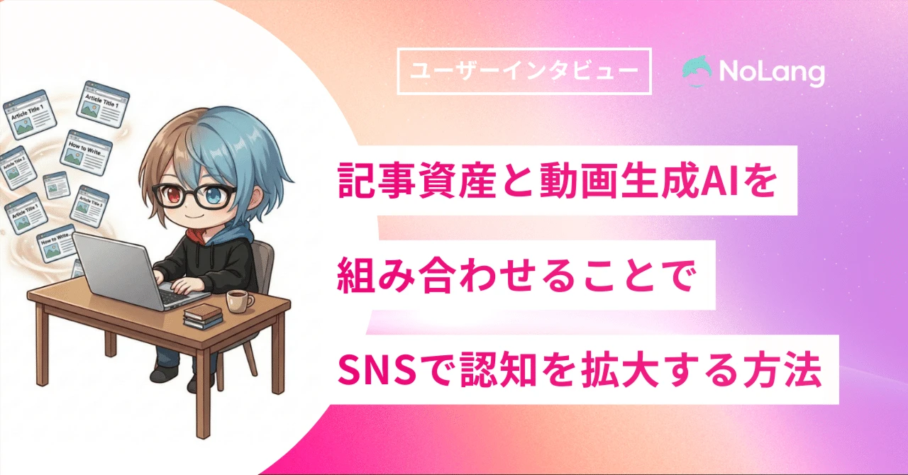メディア運営者の佐藤さんが既存の記事資産と動画生成AIを組み合わせ、SNSで認知拡大を目指す様子を表現したイラスト