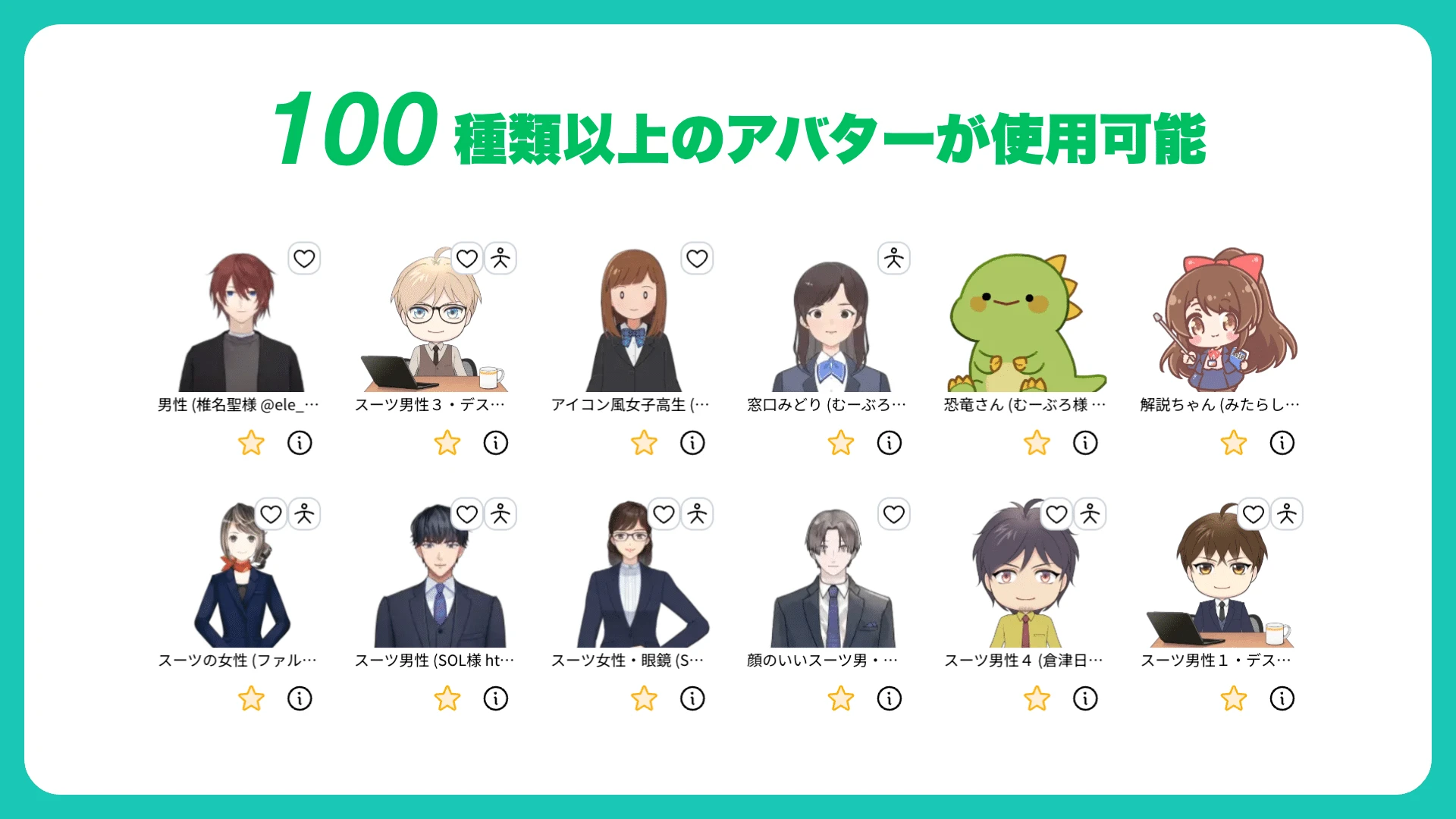 NoLangで使用できる100種類以上のLive2Dアバター一覧画面。スーツの男女や恐竜キャラなどが並んでいる