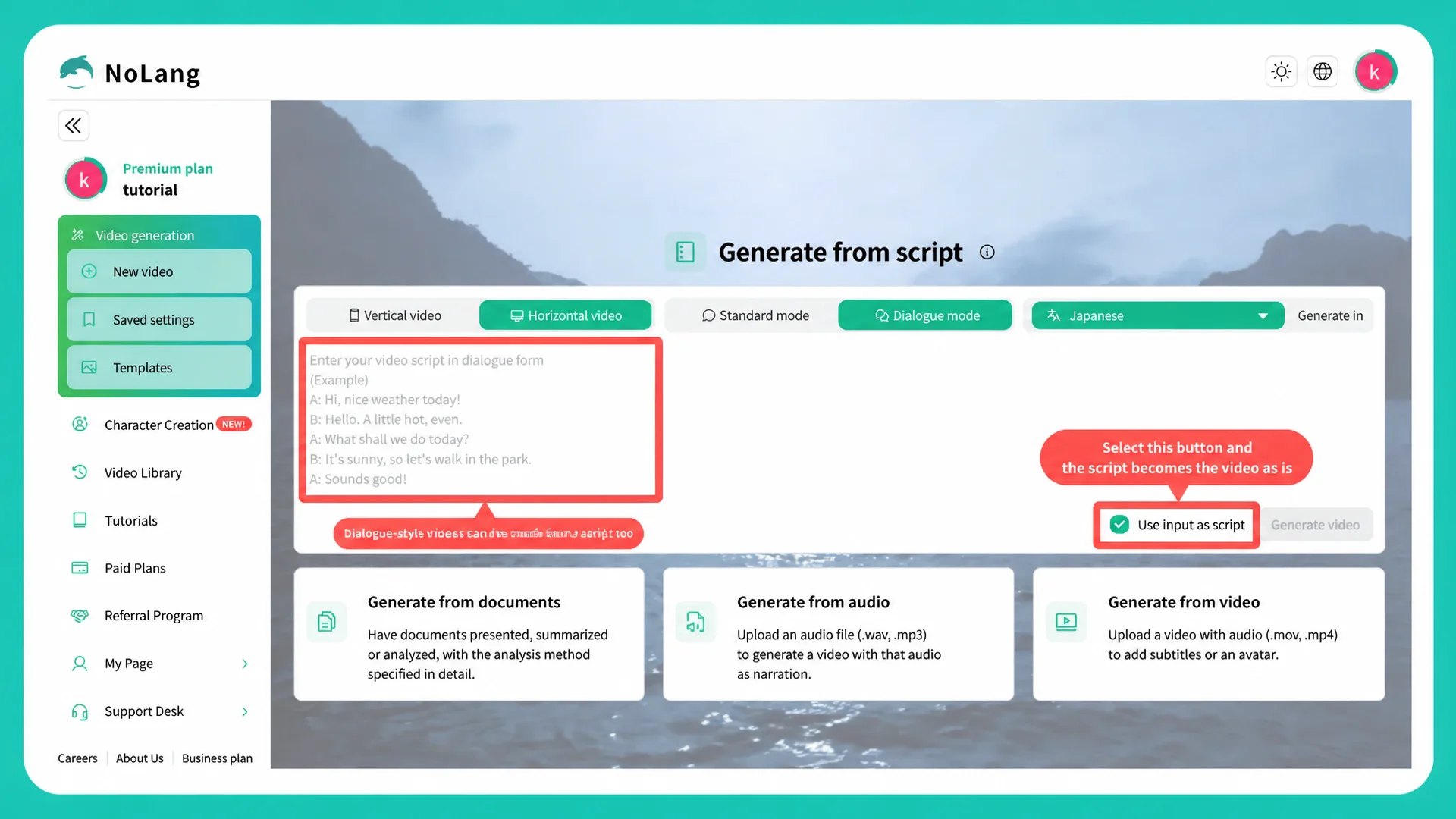NoLang's Generate from script screen with dialogue mode selected and a script pasted into the input box