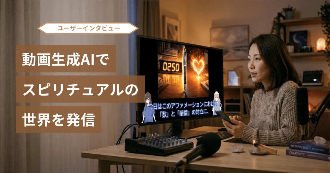 学校で事務員として働く香子さんが、NoLangを使ってスピリチュアルや心理学をテーマにした動画を制作する様子を表すビジュアル