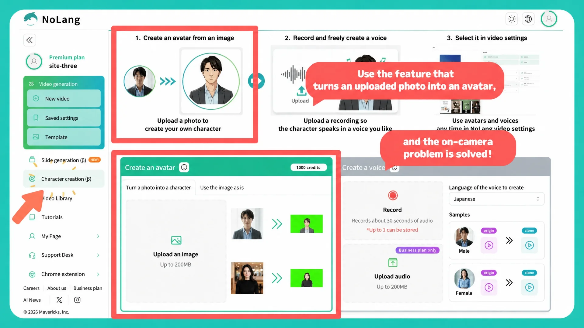 NoLang character creation screen showing how an uploaded photo can be turned into an avatar