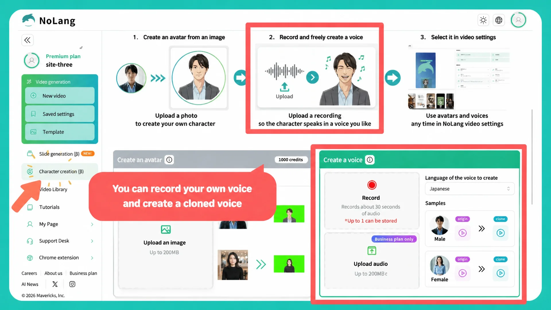 NoLang character creation screen showing voice cloning from about 30 seconds of your own recorded voice