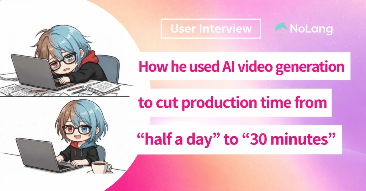 Key visual of an illustrated creator at a laptop, before and after cutting video production from half a day to 30 min