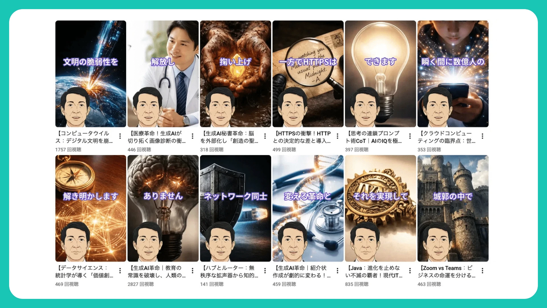 Grid of vertical short-video thumbnails made with NoLang, each showing Sakiyama's avatar and a subtitle