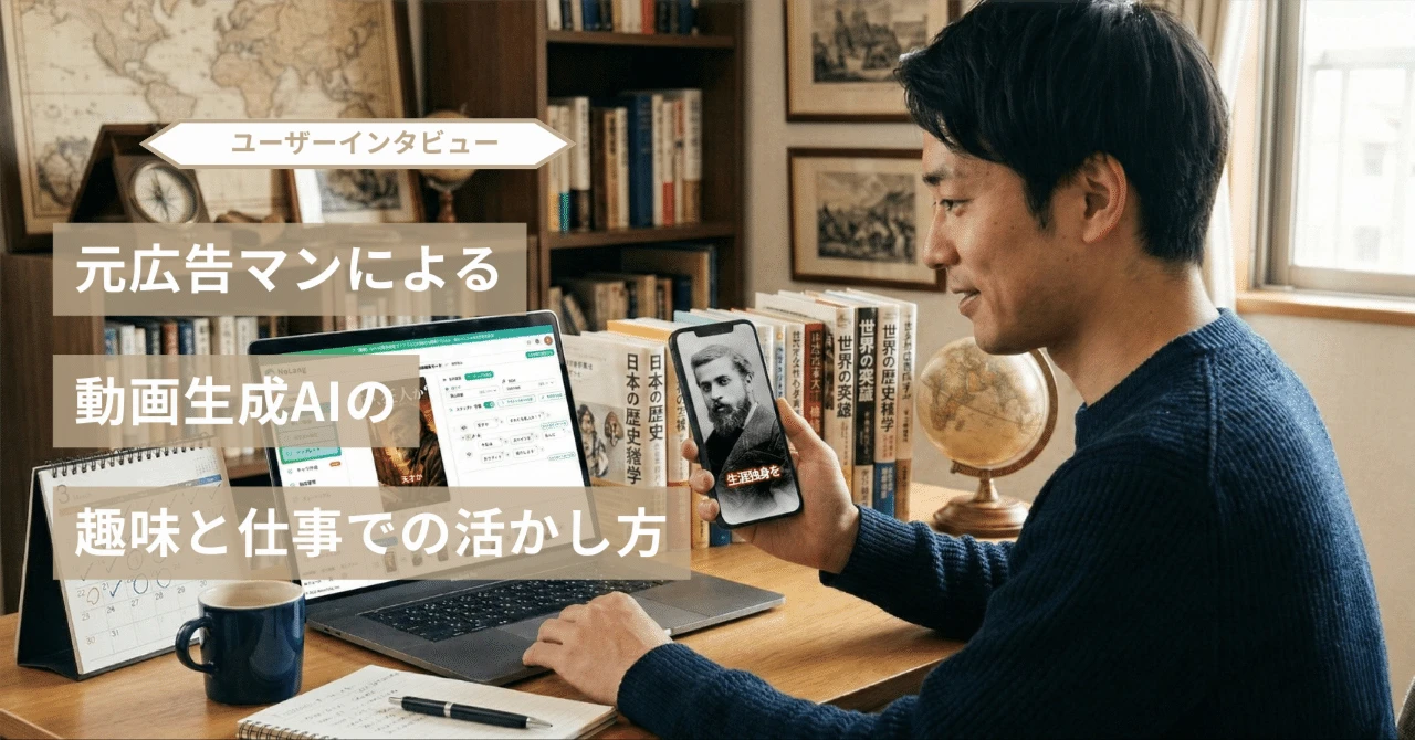 書斎風の自室でノートPCとスマートフォンを操作し、縦型ショート動画の制作に取り組む橋本さんの様子