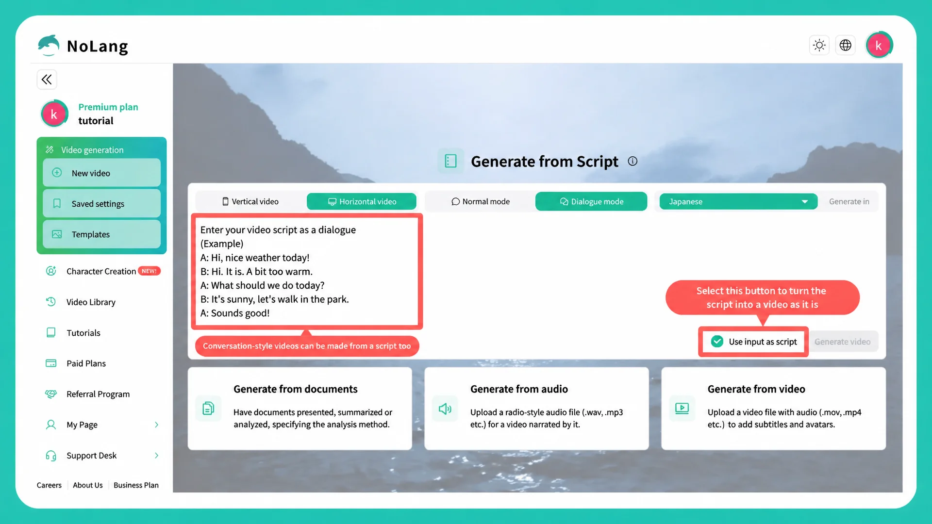 The NoLang generate-from-script screen with dialogue mode selected, turning a pasted script straight into a video