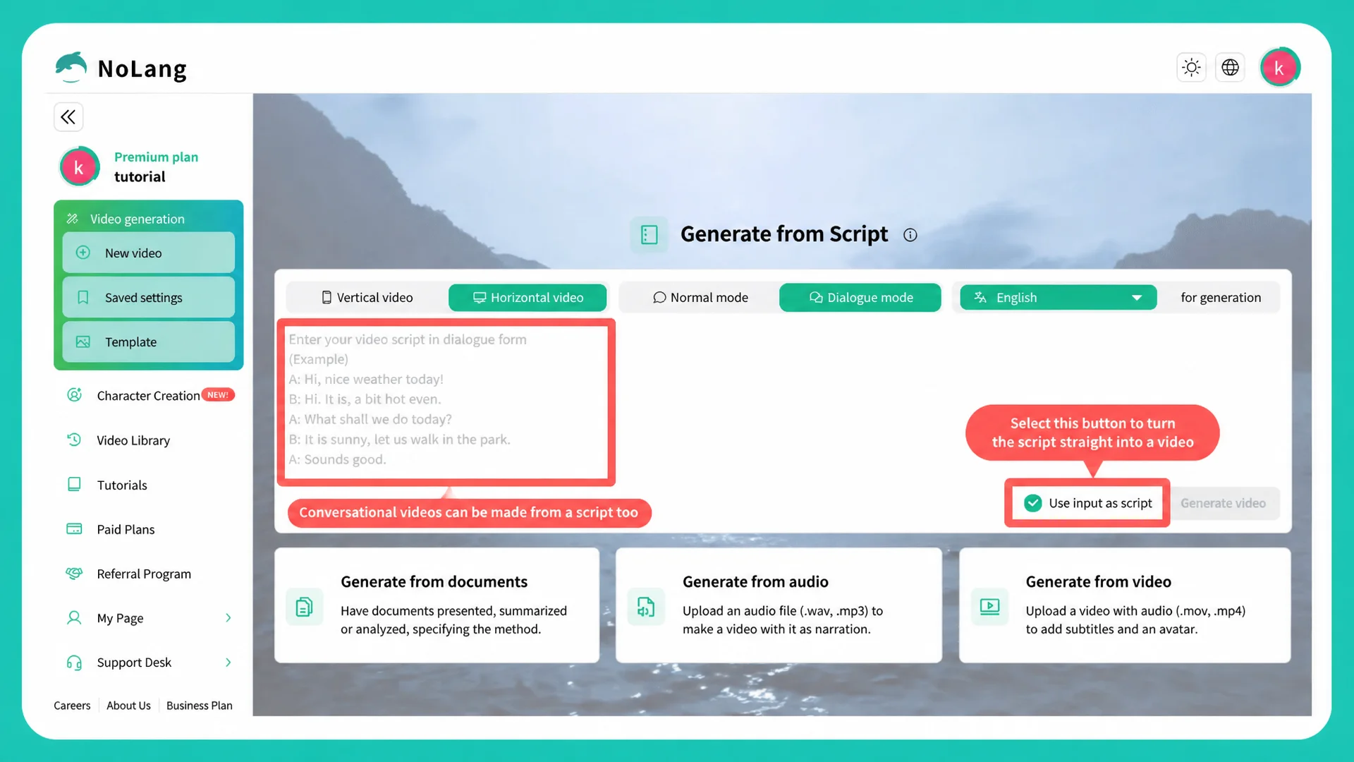 NoLang's Generate from Script screen, where a ChatGPT-written script is pasted in to make a video