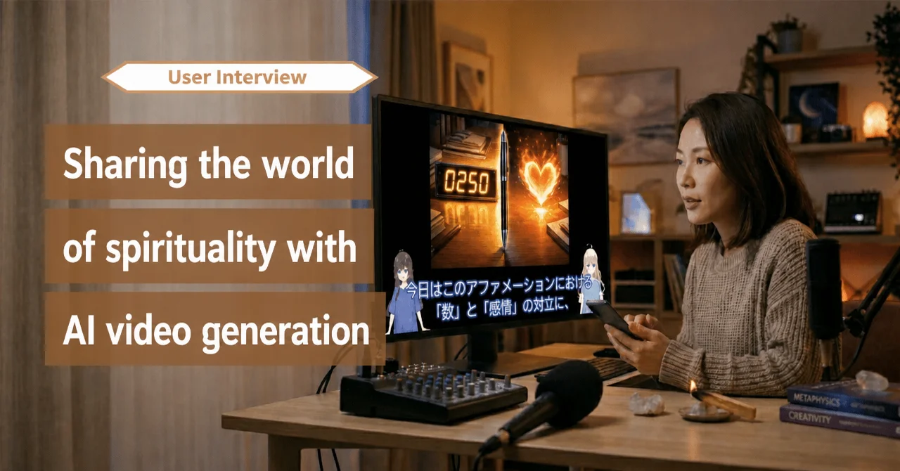 A woman at a home desk with a monitor showing a NoLang video with two anime avatars and Japanese subtitles