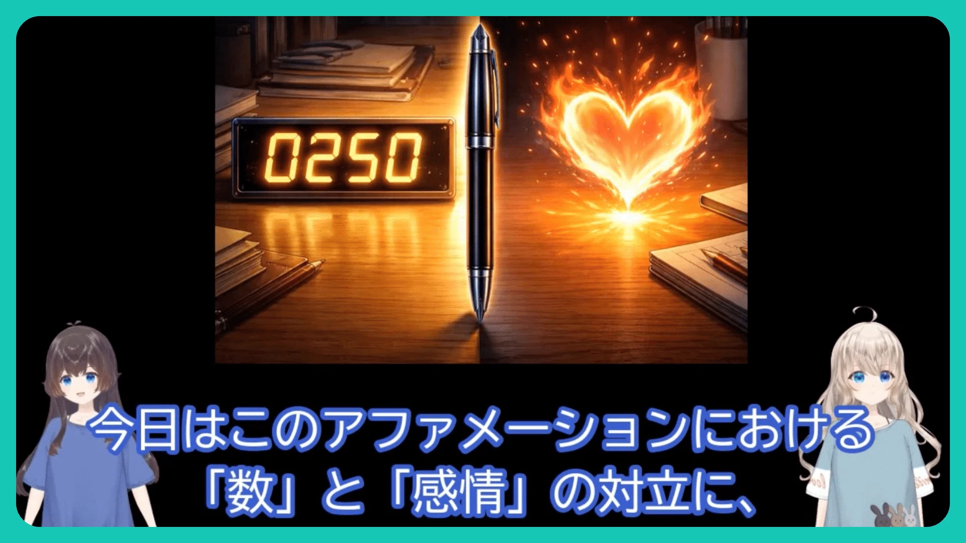 A NoLang video frame with two anime-style girl avatars and a Japanese subtitle about affirmations
