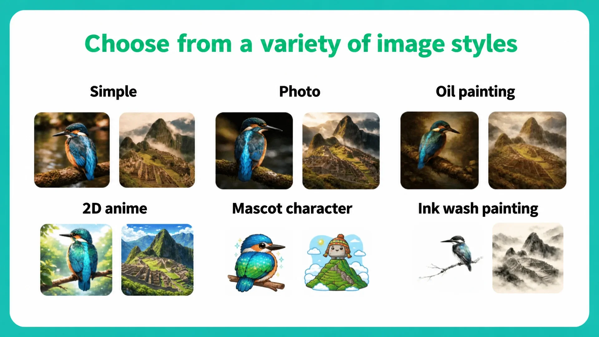 NoLang image style options with bird and mountain samples: simple, photo, oil painting, 2D anime, mascot, ink wash