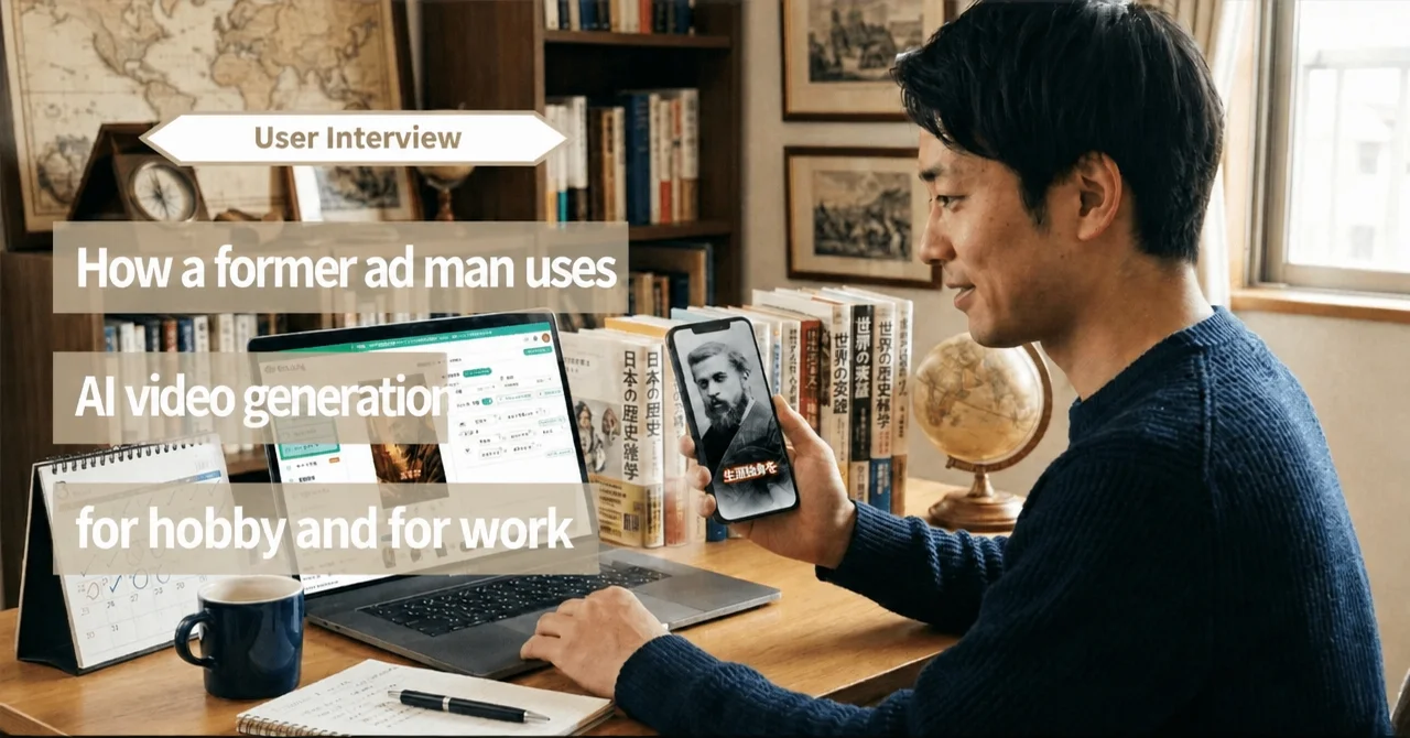 Hashimoto working on vertical short videos with a laptop and smartphone in his book-lined study