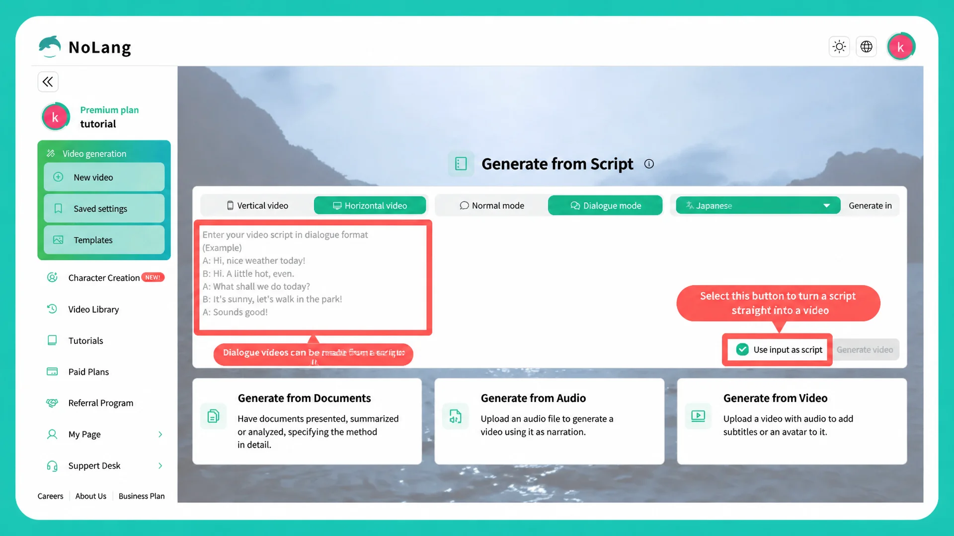 The NoLang Generate from Script screen, where a dialogue-mode horizontal video is made straight from a script