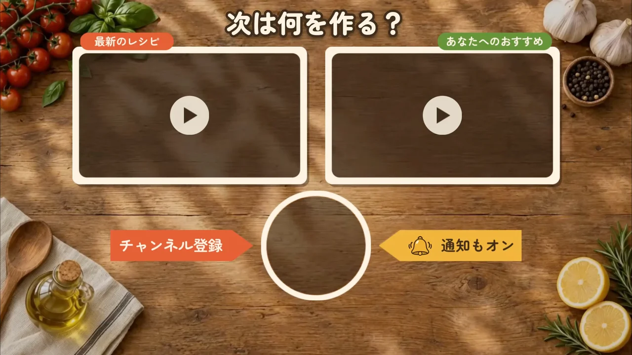 作例のエンディング動画で、木のテーブルの画面に動画の枠2つとチャンネル登録の円の枠が並ぶ場面