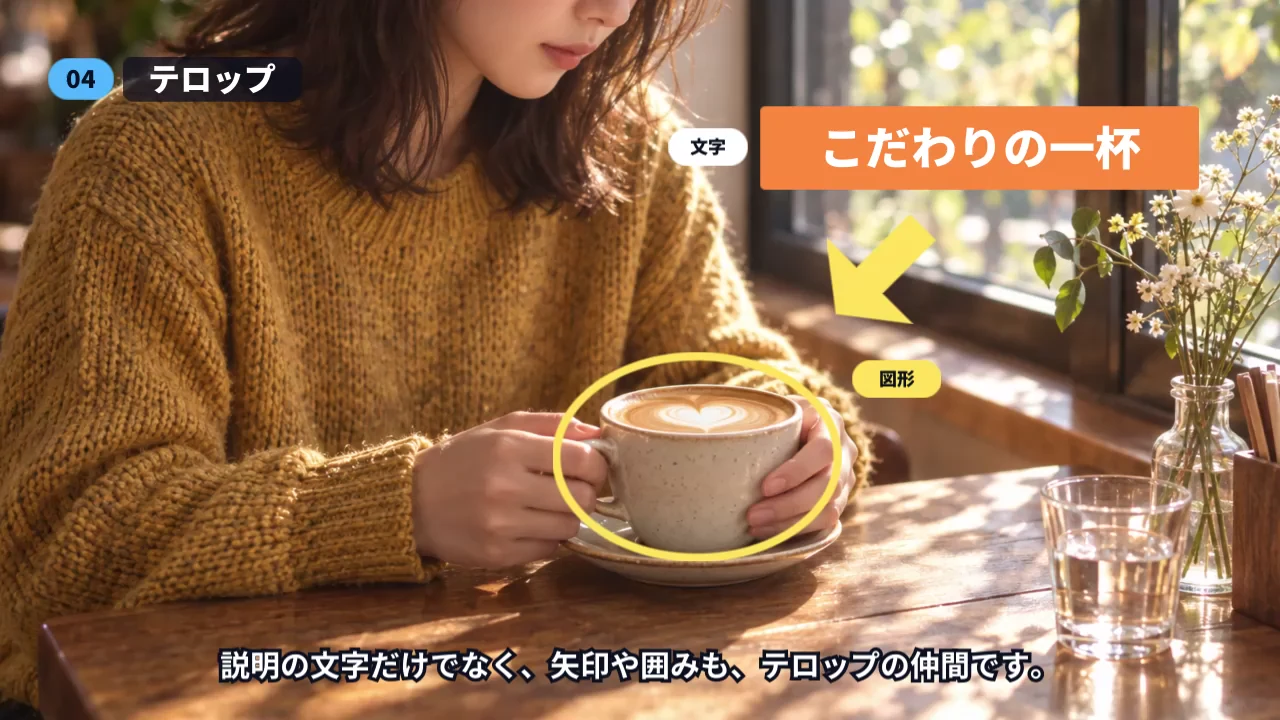 作例の動画の「テロップ」の場面。カフェでカップを持つ人物の写真に、「こだわりの一杯」の文字と矢印、カップを囲む丸が重なっている