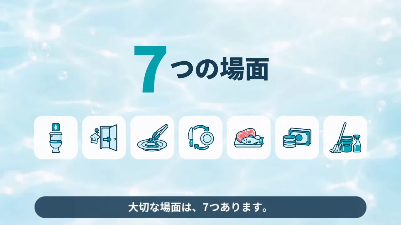 作例の衛生教育動画で、手を洗う7つの場面をアイコンで並べた画面