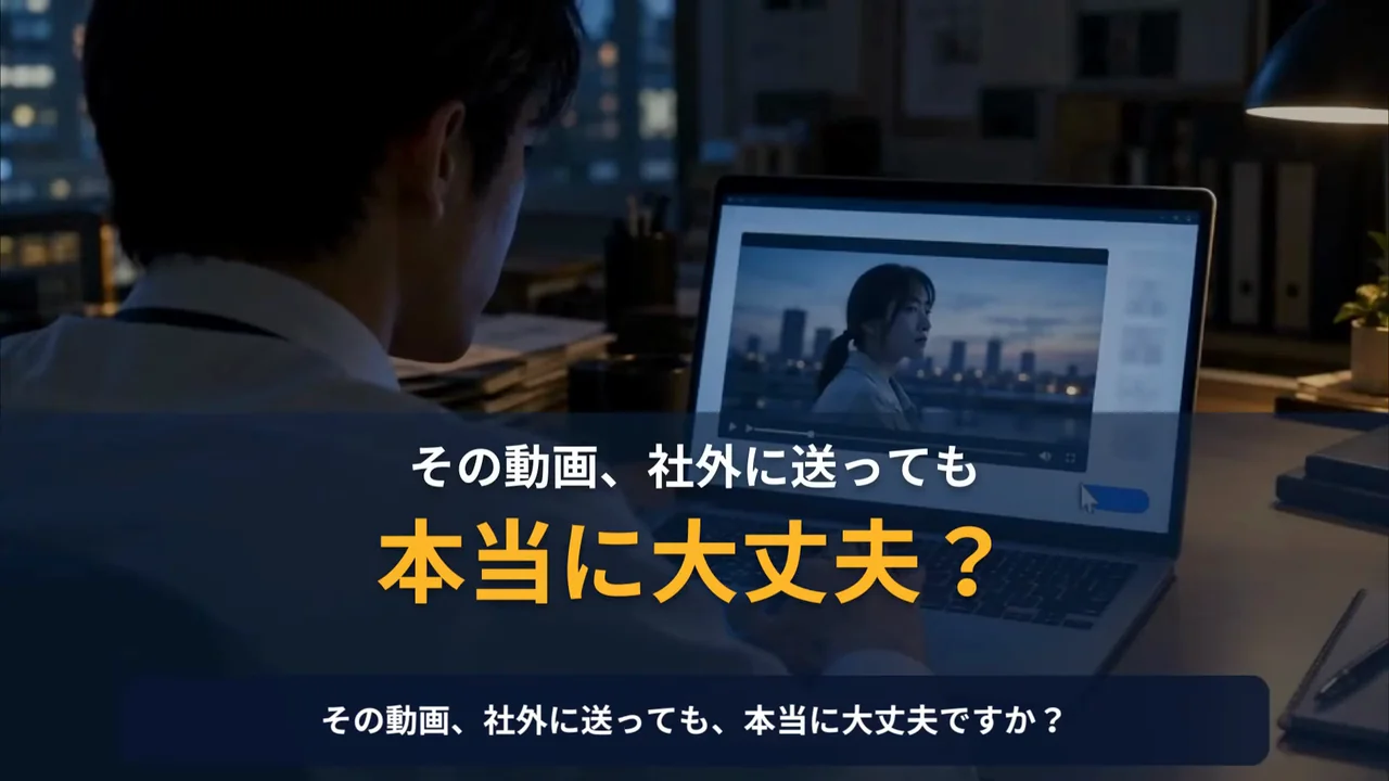 作例の研修動画の冒頭で、夜のオフィスでノートパソコンに向かう人に「その動画、社外に送っても 本当に大丈夫？」の文字が重なる場面
