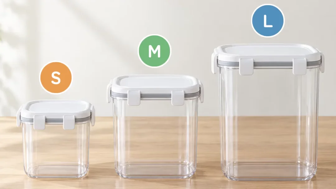 S・M・Lの3サイズの保存容器が並ぶ、作例の動画の場面