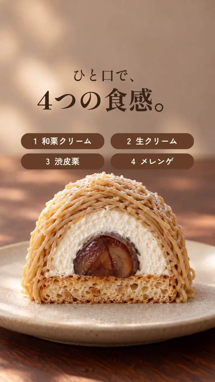 NoLangで作ったリール用の縦型動画の一場面。モンブランの断面に「ひと口で、4つの食感。」と4つの層の名前