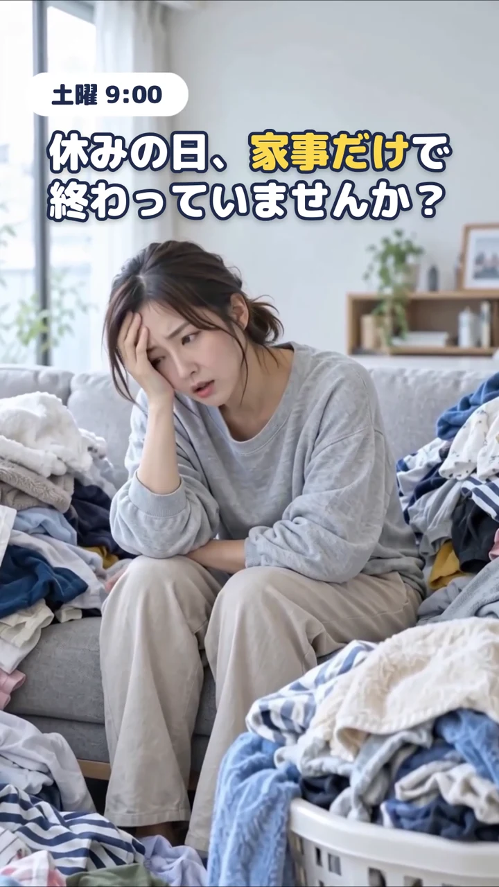 家事代行サービスの動画広告の冒頭。洗濯物に囲まれた女性と「休みの日、家事だけで終わっていませんか？」の文字