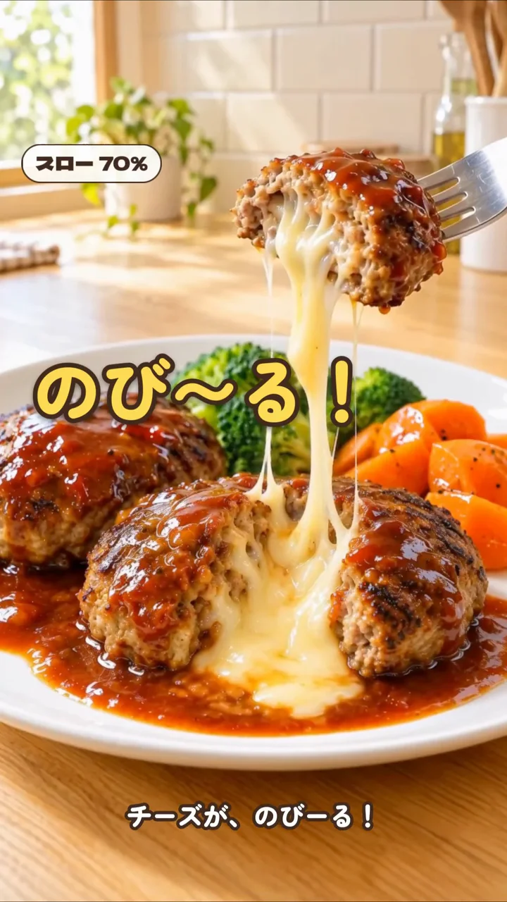 作例の動画で、焼き上がったハンバーグからチーズが伸びる場面を「スロー 70%」でゆっくり見せている場面