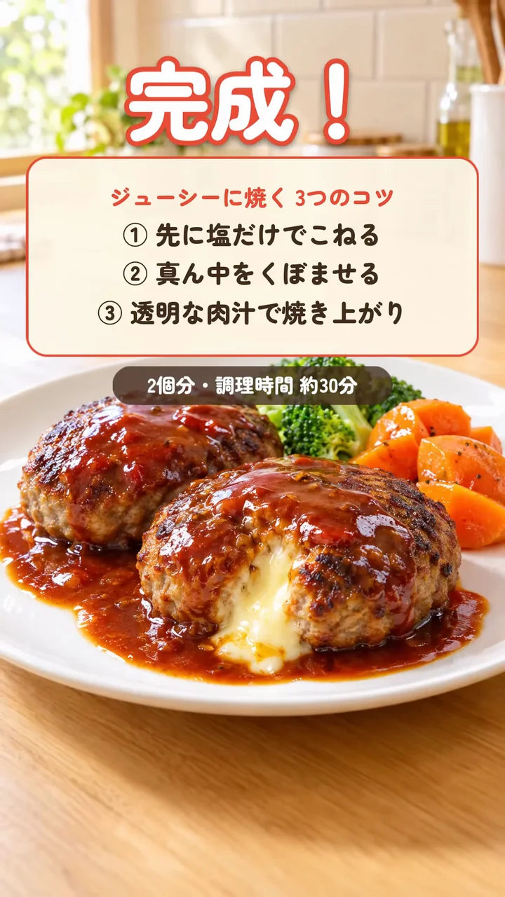 作例の動画の終わりで、完成したチーズインハンバーグと、焼き方の3つのコツのまとめを出している場面