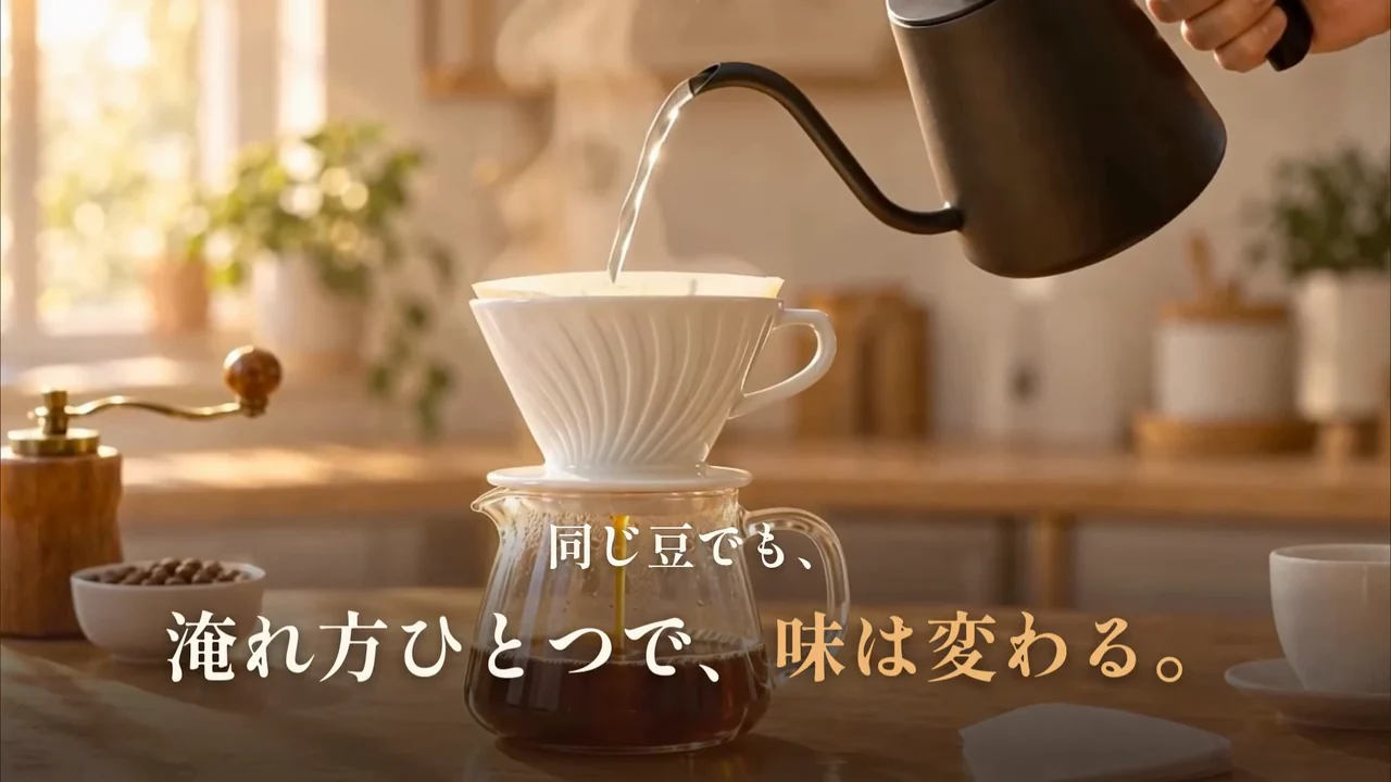 作例の解説動画の冒頭で、ドリッパーにお湯を注ぐ映像に「同じ豆でも、淹れ方ひとつで、味は変わる。」の文字が出る場面
