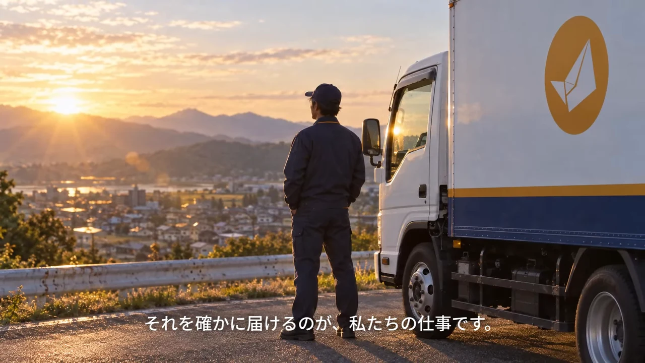 作例の動画で、日の出の町を見下ろすドライバーとトラック