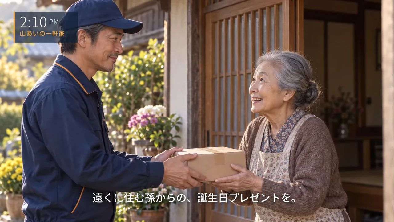 作例の動画で、ドライバーが山あいの家のおばあさんに荷物を手渡す場面