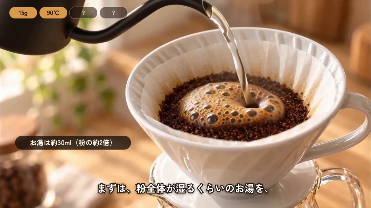 コーヒーを注ぐ映像に「まずは、粉全体が湿るくらいのお湯を、」と字幕が入った作例の場面