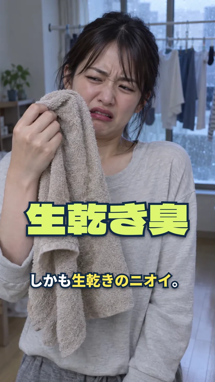 生乾きのタオルのにおいに顔をしかめる女性の場面。NoLangで作った縦型の動画の冒頭