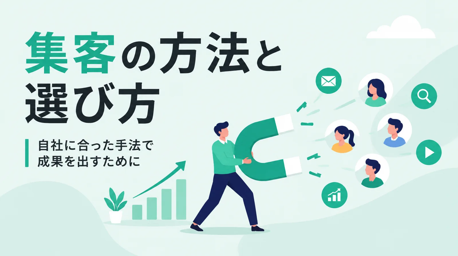 集客の方法と選び方。磁石を持った人が、メール・検索・動画などの経路から人を集めるイラスト