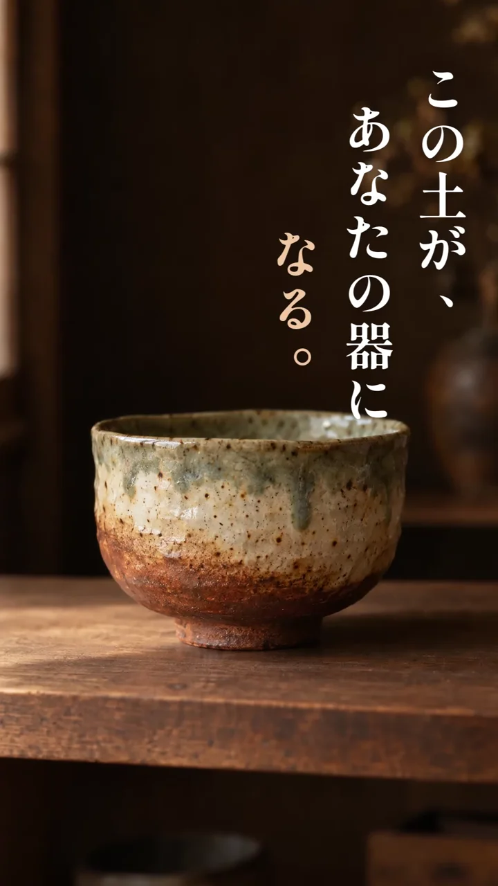 作例の動画の冒頭の場面。焼き上がった茶碗の横に「この土が、あなたの器になる。」の縦書きの文字