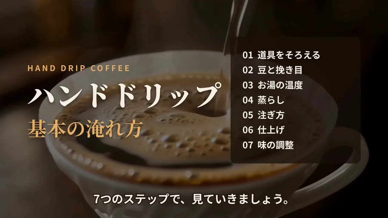 作例の解説動画の冒頭で、「ハンドドリップ 基本の淹れ方」の題字の横に、道具をそろえるから味の調整までの7つのステップの一覧が出る場面