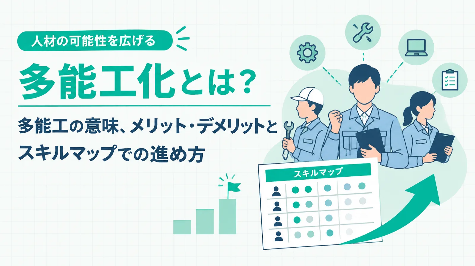 多能工化とは？の文字と、作業者3人とスキルマップの表のイラスト