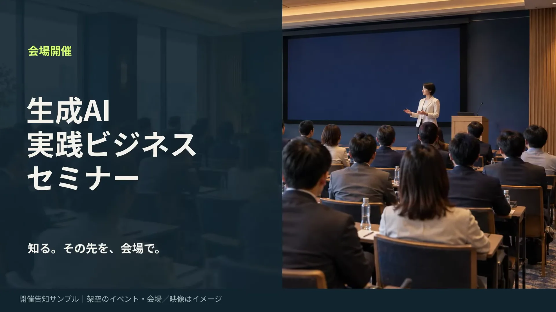 告知動画の作例。生成AI 実践ビジネスセミナーのタイトルと会場の様子