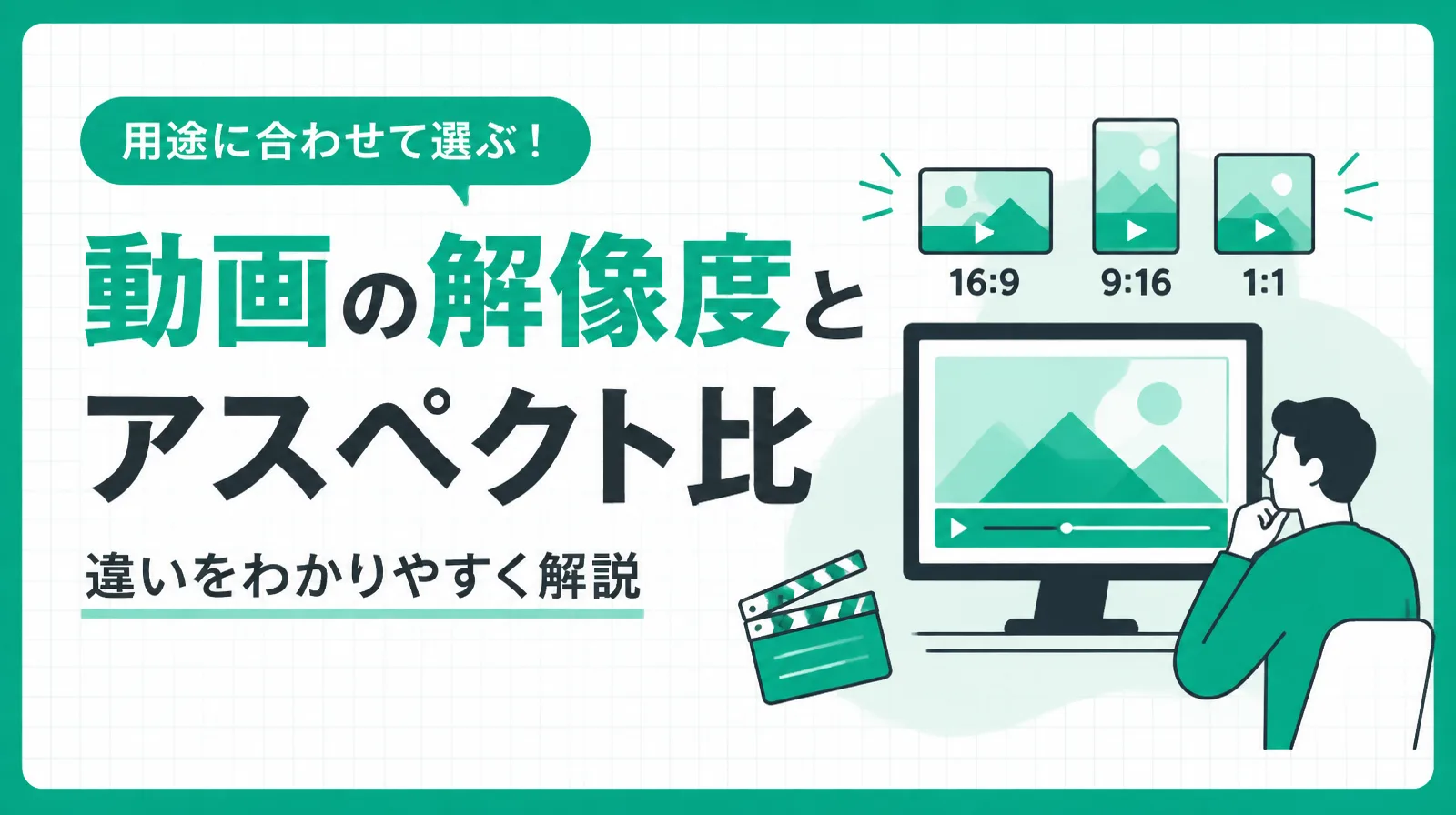 動画の解像度とアスペクト比を、16:9・9:16・1:1の画面の形とモニターを見る人のイラストで表したアイキャッチ
