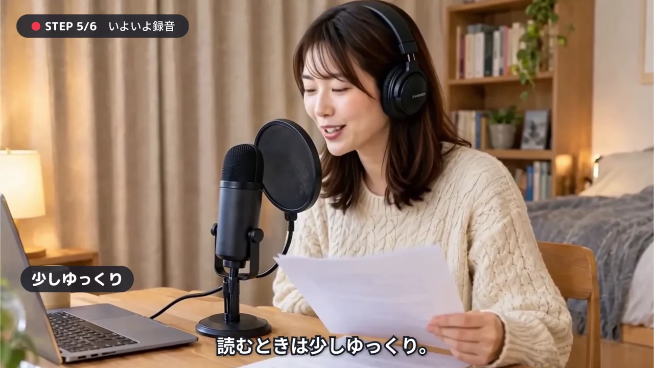 ヘッドホンを着けてマイクの前で原稿を読む女性と、「読むときは少しゆっくり。」の字幕が入った作例の場面