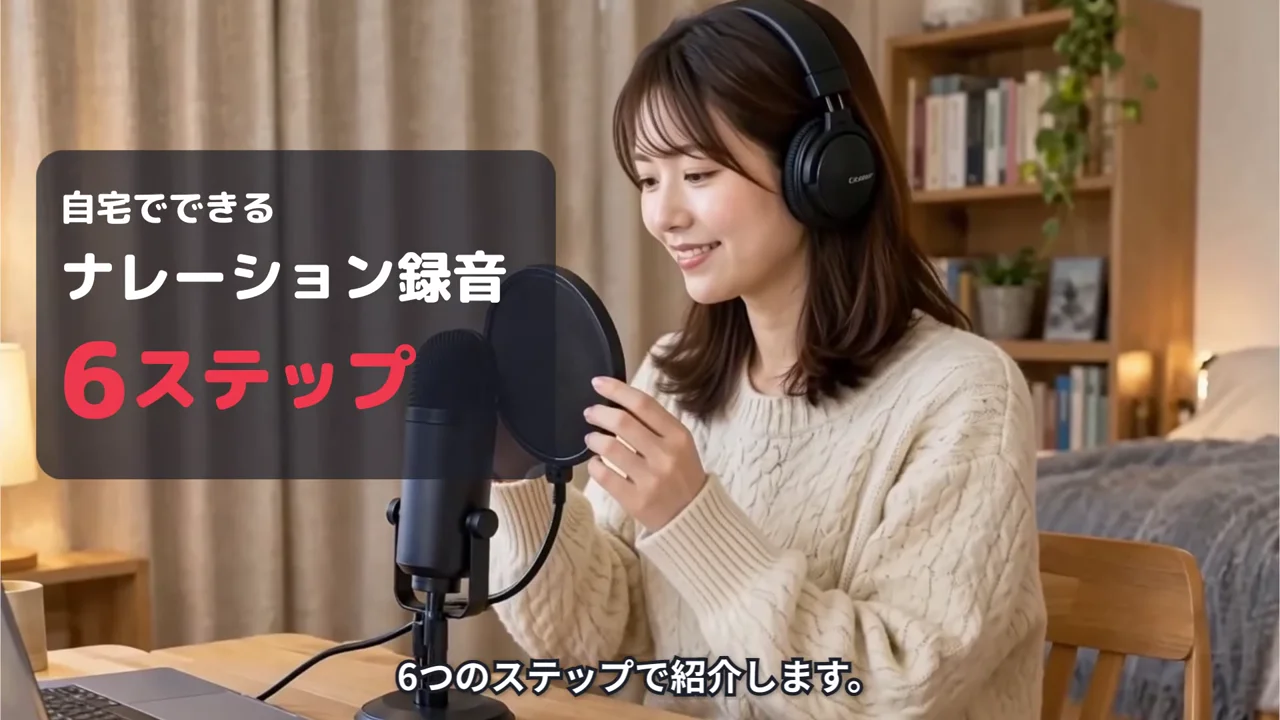 マイクの前でヘッドホンを着けた女性に「自宅でできる ナレーション録音 6ステップ」のタイトルが重なった作例の場面