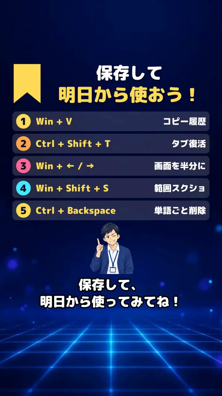 作例のTikTok向けの縦型動画の終わりで、「保存して明日から使おう！」の見出しの下に、5つのショートカットキーと働きが並ぶ場面