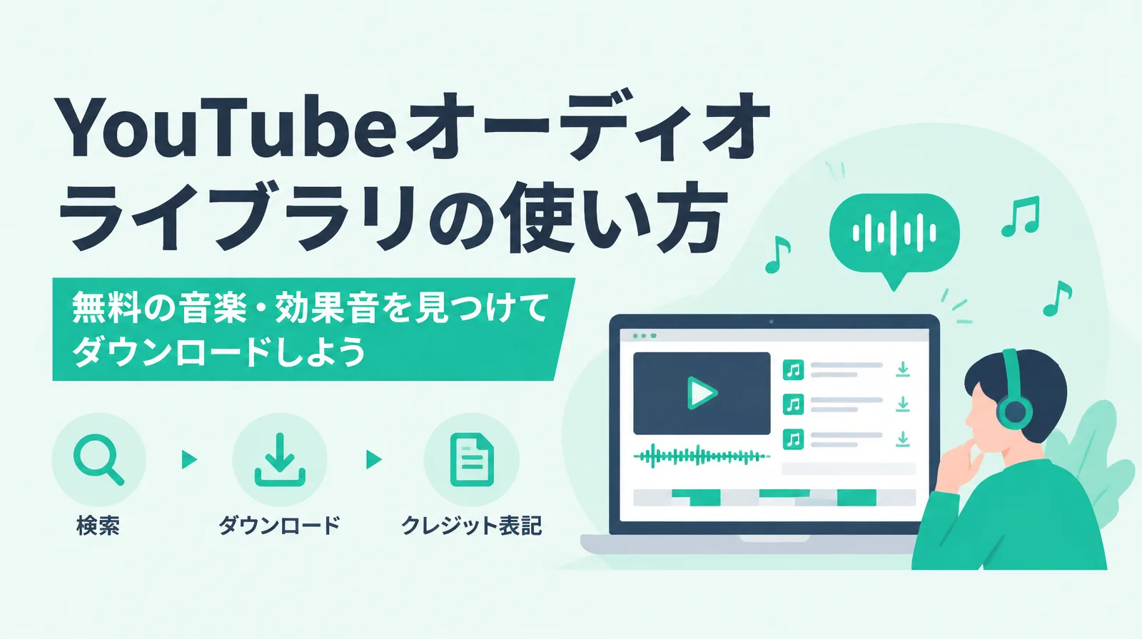 YouTubeオーディオライブラリの使い方。検索、ダウンロード、クレジット表記の流れと、ヘッドホンをしてパソコンで音楽を選ぶ人のイラスト