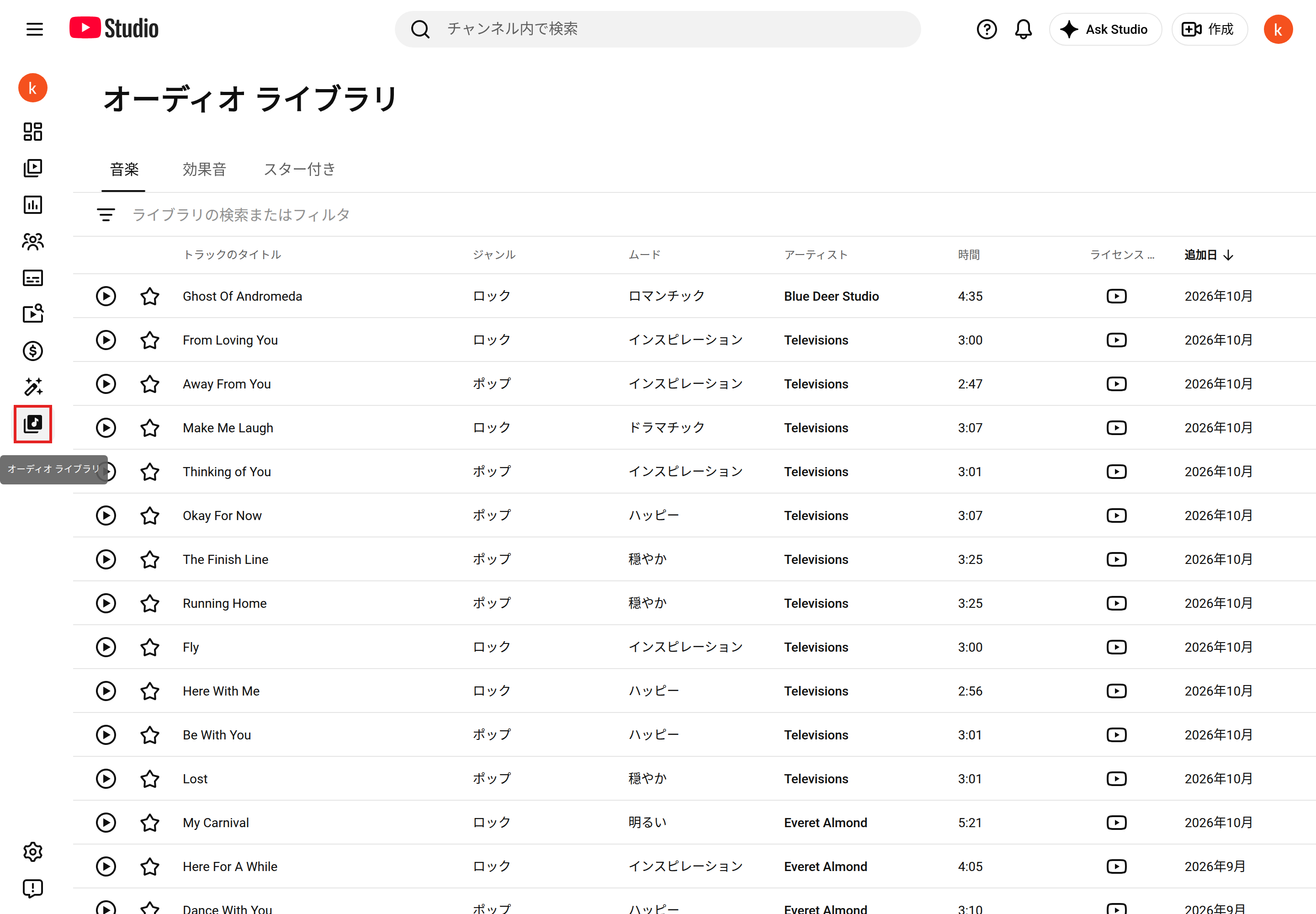 YouTube Studioのオーディオ ライブラリの「音楽」タブ。畳んだ左のメニューにあるオーディオ ライブラリのアイコンを赤枠で囲んでいる