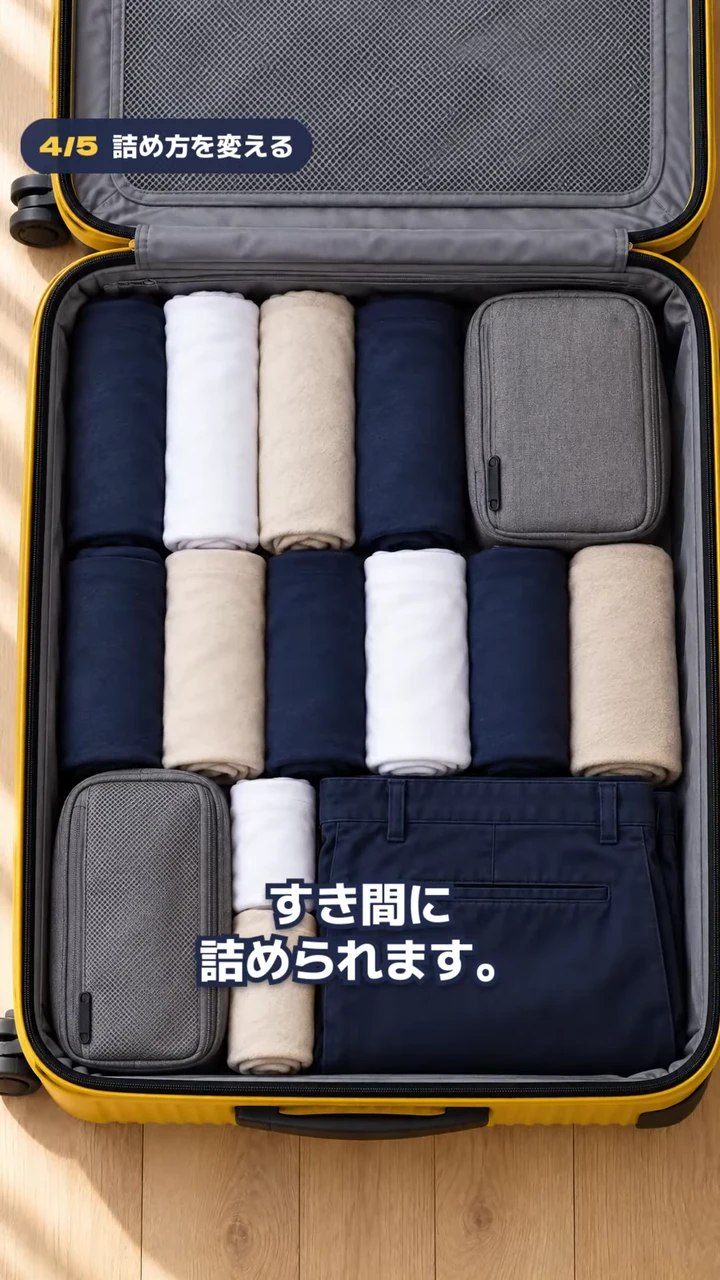 丸めた服がすき間なく並んだスーツケースに「4/5 詰め方を変える」の見出しが重なった、作例の動画の一場面