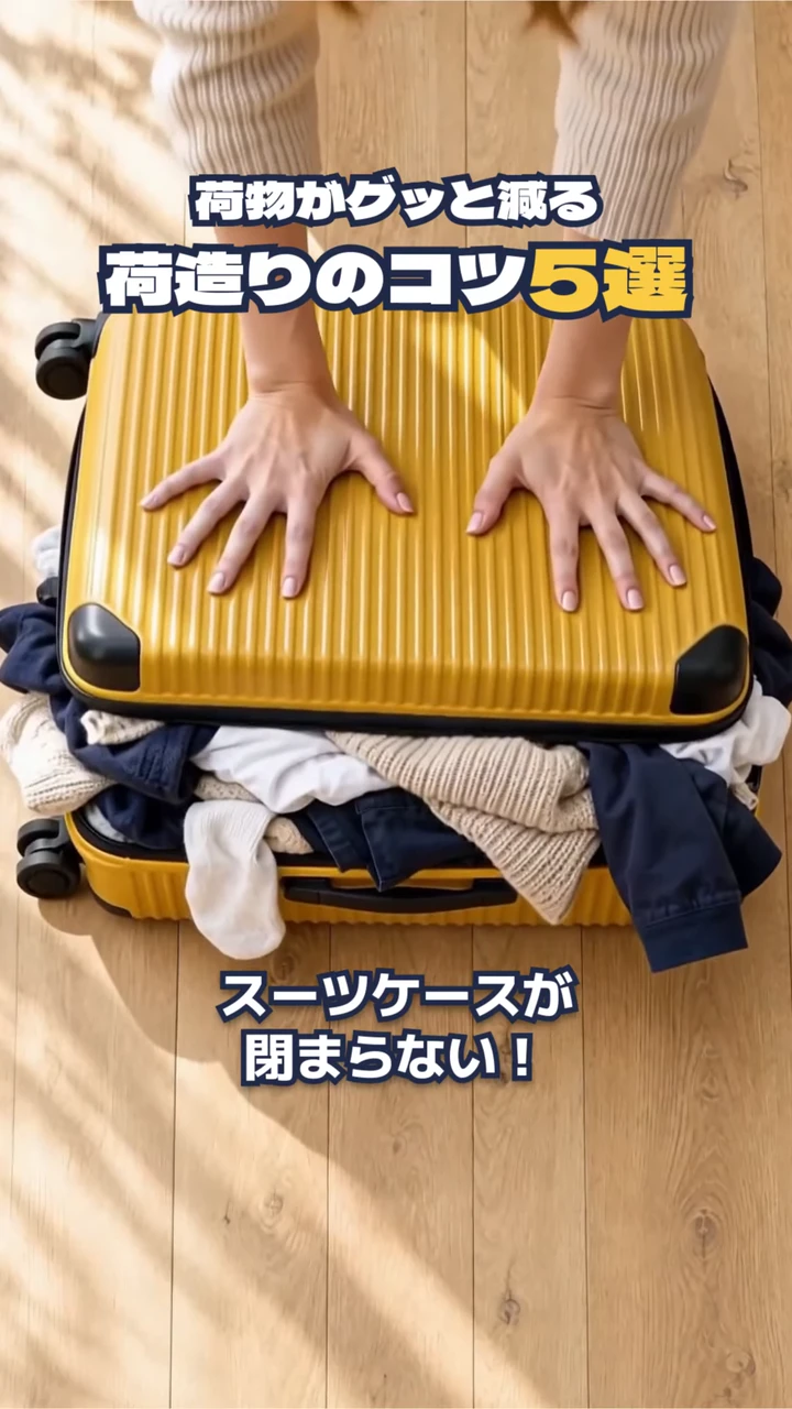 閉まらないスーツケースを両手で押さえる場面に「荷物がグッと減る 荷造りのコツ5選」の題名が重なった、作例の動画の冒頭