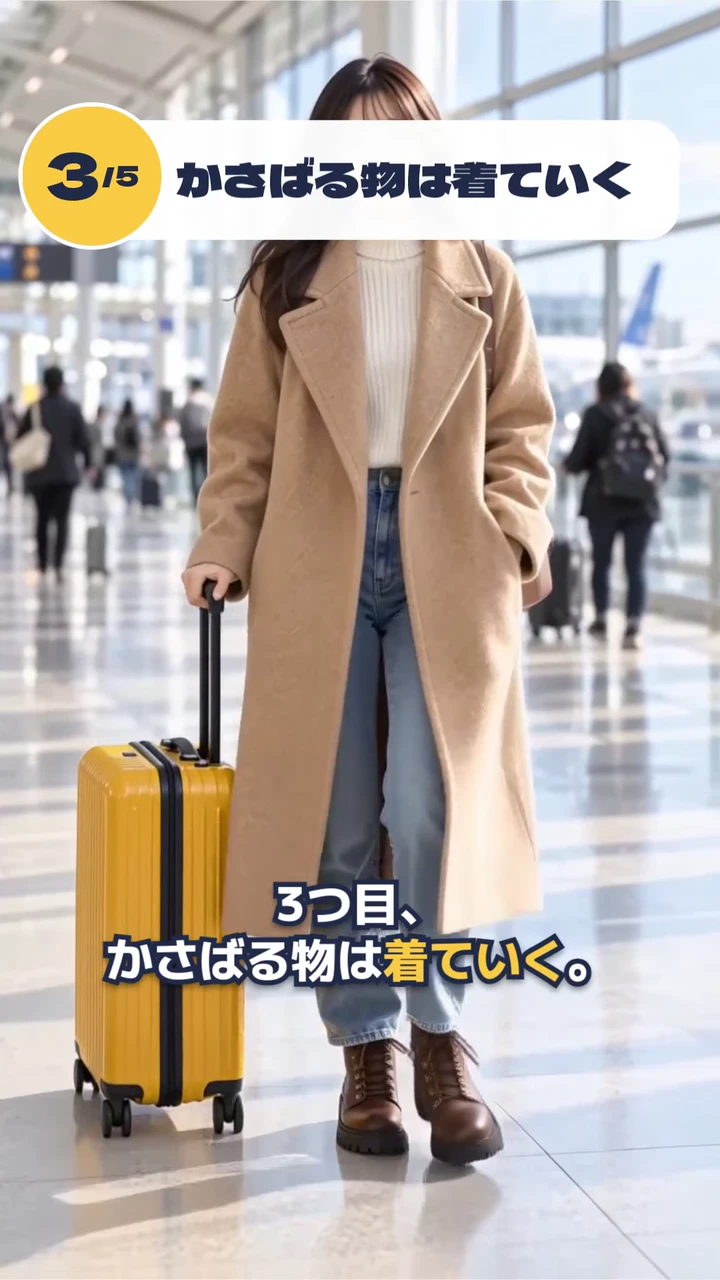 コートを着てスーツケースを引く人の映像に「3/5 かさばる物は着ていく」の見出しが重なった、作例の動画の一場面