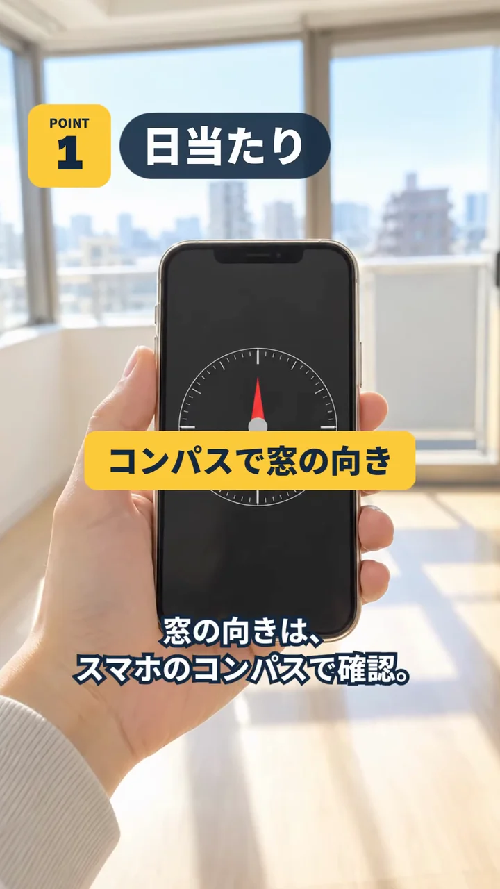 作例の縦型動画で、窓の前でスマホのコンパスを持ち、「POINT 1 日当たり」「コンパスで窓の向き」の文字が出る場面