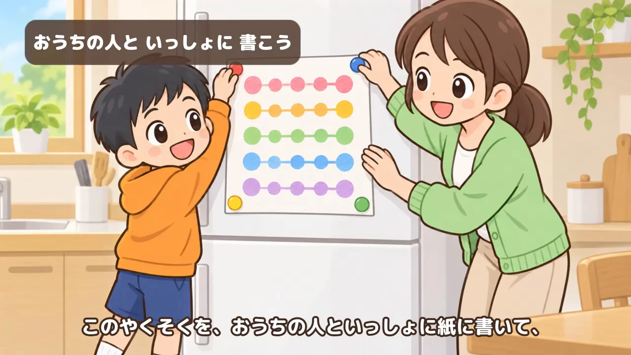 作例の動画で、オレンジのパーカーの男の子とお母さんが、約束を書いた紙を冷蔵庫にはる場面
