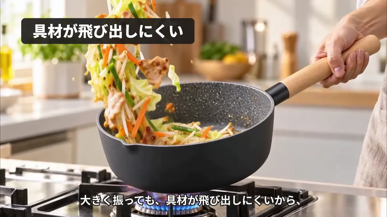 深型フライパンを大きく振って野菜炒めを作る場面に「具材が飛び出しにくい」の文字が出た作例動画の一場面