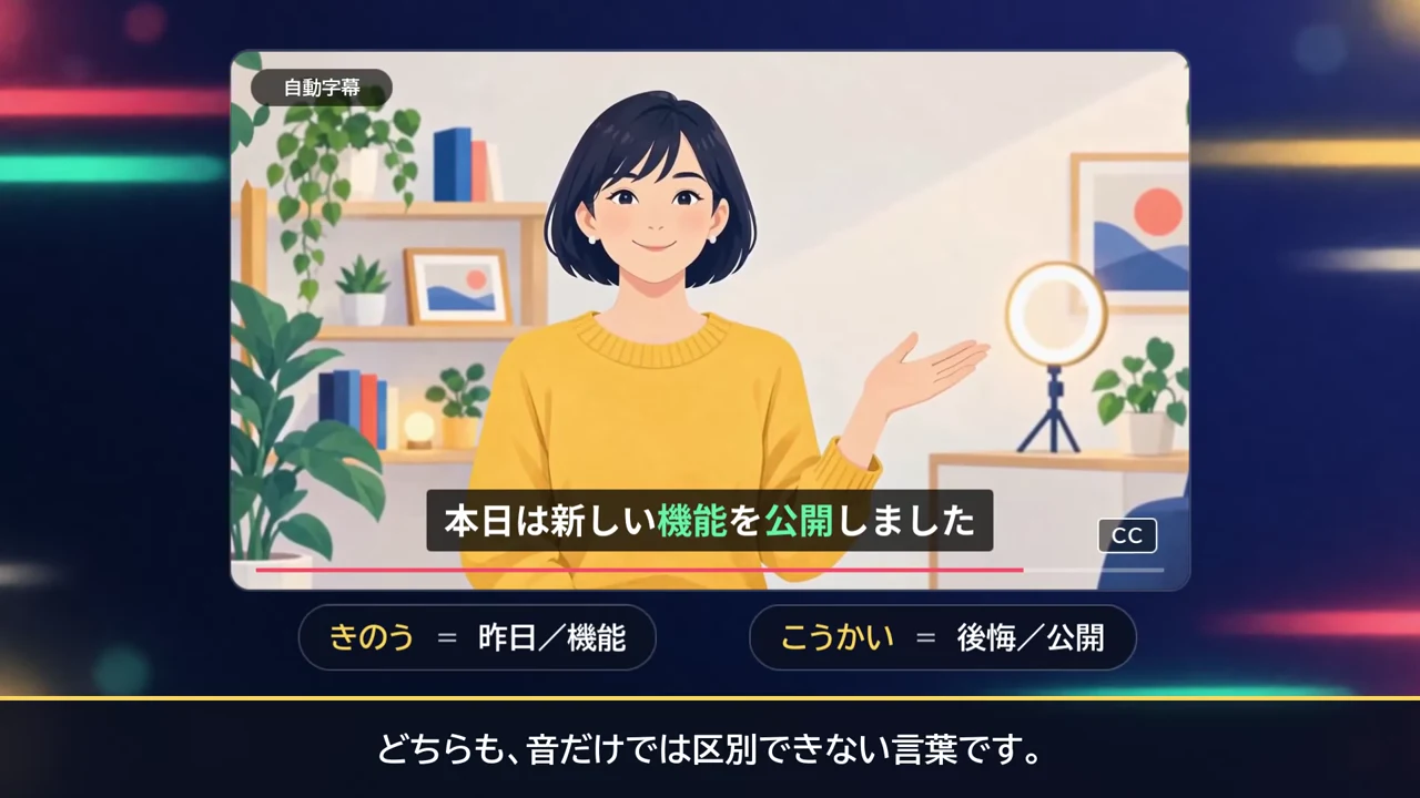 作例の動画の場面。話している人の映像に「本日は新しい機能を公開しました」と字幕が入っている